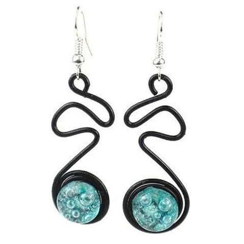 Enameled Wire and Aqua Glass Bead "Doodle" Earrings Handmade and Fair Trade