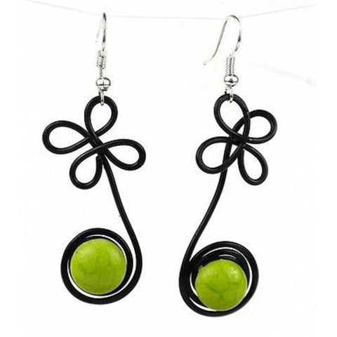 Enameled Wire and Green Glass Bead "Sprout" Earrings Handmade and Fair Trade