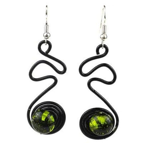 Enameled Wire and Green Glass Bead "Doodle" Earrings Handmade and Fair Trade