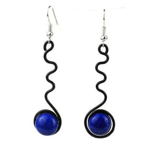 Enameled Wire and Blue Glass Bead "Squiggle" Earrings Handmade and Fair Trade