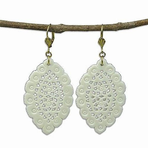 Lacy Leaf-Shaped Carved Bone Earrings - Natural Handmade and Fair Trade