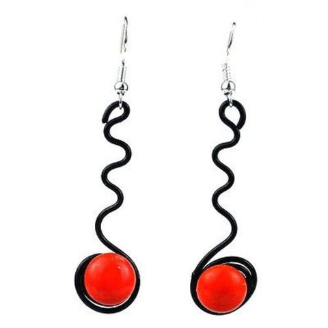 Enameled Wire and Orange Glass Bead "Squiggle" Earrings Handmade and Fair Trade