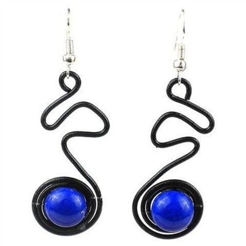 Enameled Wire and Blue Glass Bead "Doodle" Earrings Handmade and Fair Trade