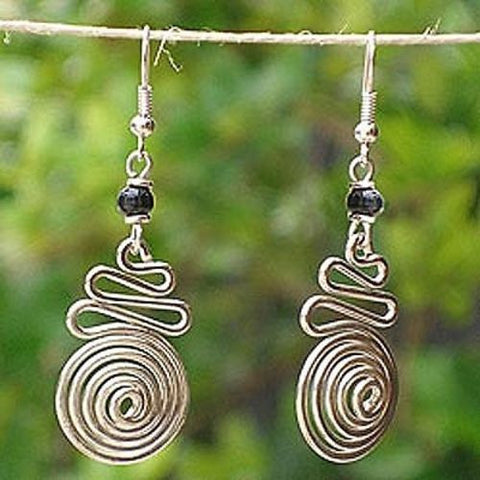 Ribbon Candy Electroplated Earrings with Black Beads Handmade and Fair Trade