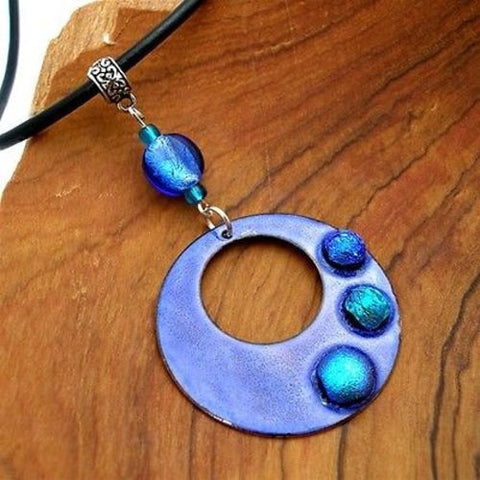 Dichroic Glass Dots on  Enamel Copper Necklace  Blue Handmade and Fair Trade