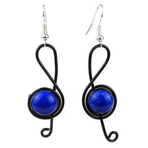 Enameled Wire and Blue Glass Bead "G-clef" Earrings Handmade and Fair Trade